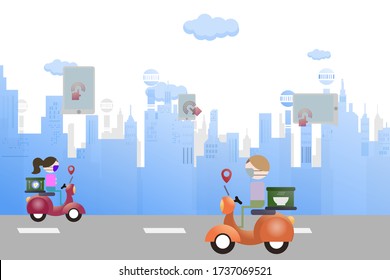 A courier use face mask to protect from covid-19. Safe package delivery. Faster delivery package by motorbike. Online shopping concept.