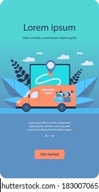 Courier van con verduras y frutas frescas. Comida, GPS, ilustración portadora plana de alimentos. Servicio de entrega y concepto de logística para banner, diseño de sitio web o página web de aterrizaje