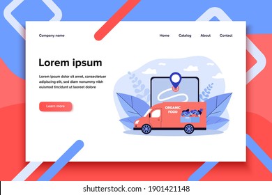 Courier van delivering fresh vegetables and fruits. Meal, GPS, food flat vector illustration. Delivery service and logistics concept for banner, website design or landing web page