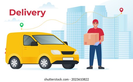 Courier with van holds a parcel on city background. Delivery man with box. Vector illustration in flat style, template for banner, landing page