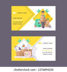 Courier vector business card postman man character of delivery service delivering parcel box package flower illustration backdrop deliveryman person transporting set of business-card background.