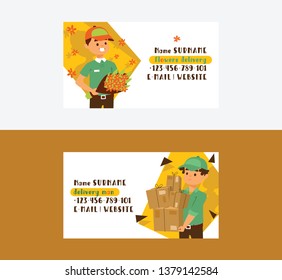 Courier vector business card postman man character of delivery service delivering parcel box package flower illustration backdrop deliveryman person transporting set of business-card background.