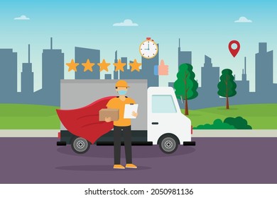 Courier vector concept: Courier man gets five stars from his customer while delivering the package