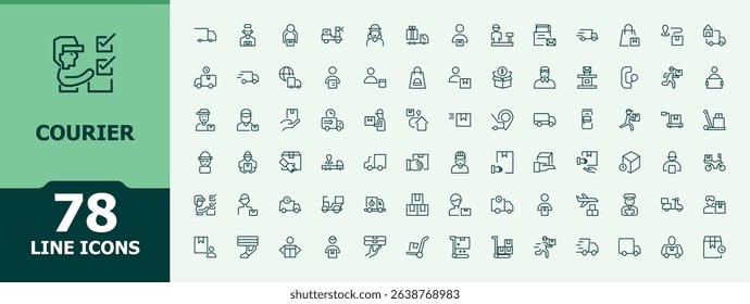 Courier vector icon set. Delivery line icon set. Minimalist icons pack. Pictograms of logistic, parcel, shipping, shipment and more. Editable stroke. Vector collection.