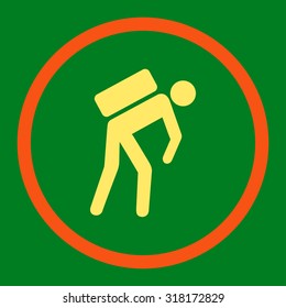 Courier vector icon. This rounded flat symbol is drawn with orange and yellow colors on a green background.