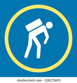 Courier vector icon. This rounded flat symbol is drawn with yellow and white colors on a blue background.