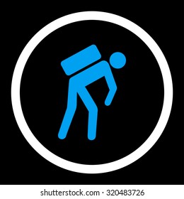 Courier vector icon. This rounded flat symbol is drawn with blue and white colors on a black background.
