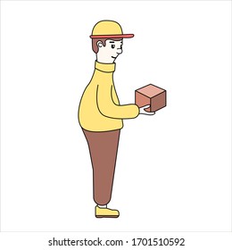 Ilustración vectorial de Courier en estilo caricaturista.el personaje sonriente entrega el paquete para usted. adecuado para aplicaciones web, anuncios e iconos.