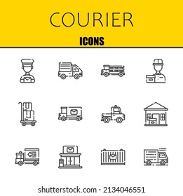 courier vector line icons set. postman, delivery truck and truck Icons. Thin line design. Modern outline graphic elements, simple stroke symbols stock illustration
