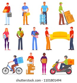 Courier vector postman character of delivery service delivering parcel box or package illustration set of deliveryman person transporting cargo isolated on white background