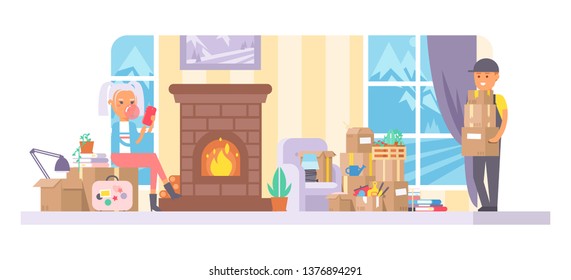 Courier vector postman character of delivery service delivering parcel box or package illustration backdrop deliveryman person moving furniture sofa to apartment home background.