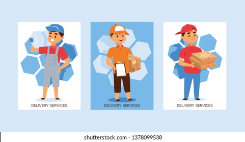 Courier vector postman man character of delivery service delivering parcel box package pizza illustration backdrop set of deliveryman person transporting bottle background.