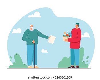 Courier Or Volunteer Delivering Food To Old Man. Elderly Person Getting Humanitarian Aid Or Groceries Flat Vector Illustration. Charity, Assistance, Elderly Care Concept For Banner Or Landing Page