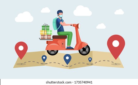 Courier or volunteer in face mask drive motorbike and deliver products from supermarket vector flat cartoon illustration. Fast non contact delivery, online service during pandemic of coronavirus.