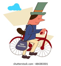 Courier walking with a bike. Vintage styled illustration would be great as Free Delivery sign or print.