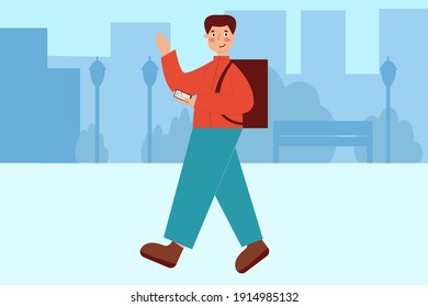 The courier walks down the street with a package behind his back and waves his hand.