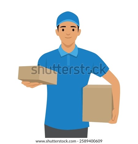 Courier wearing a blue uniform and cap, holding two cardboard packages delivering to customers. Flat vector illustration isolated on white background