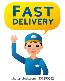 Courier wearing in blue uniform with a raised arm waving hello. 