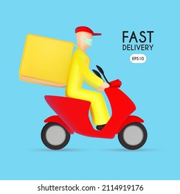 Courier wearing mask on red scooter with delivery box. 3D design concept. Fast delivery