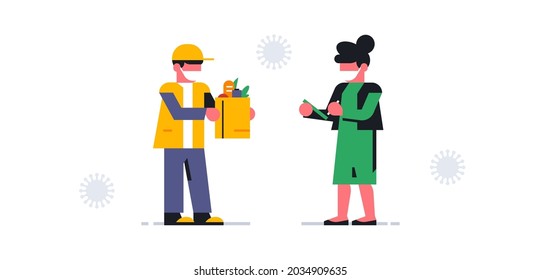 A courier wearing a medical mask delivered the order. Safe online food delivery to your home during a pandemic. Coronavirus, virus, medical protection, money, product, people. Vector illustration