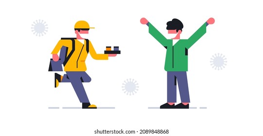 A courier wearing a medical mask delivered the order. Safe online food delivery to your home during a pandemic. Coronavirus, virus, medical protection, money, food, people. Vector illustration.