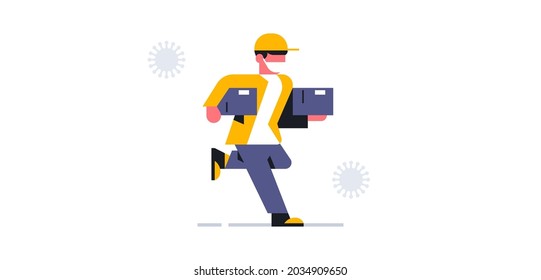 A courier wearing a medical mask delivers the package to the order address. Box, delivery man, safe delivery service, coronavirus, virus. Vector illustration.