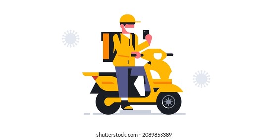 A courier wearing a medical mask on a motorcycle accepted an order to deliver a parcel. Bag, box, delivery man, safe delivery, coronavirus, virus, moto, bike, scooter, phone, app. Vector illustration