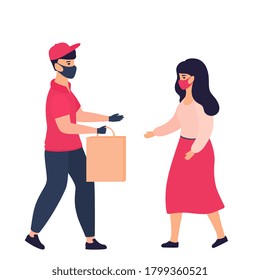A courier wearing a protective mask and gloves delivers for woman purchase. Safe delivery during the COVID-19 coronavirus pandemic.