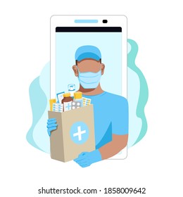 A courier wearing a protective mask and gloves delivers medicines. Quarantine and medicine. Vector illustration isolated on white background.
