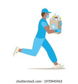 A courier wearing a protective mask and gloves delivers medicines. Quarantine and medicine. Vector illustration isolated on white background.