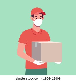 A courier wearing a protective mask and gloves, who brought the box. Delivery man, safe delivery. 
Vector in flat style, green background.