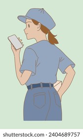 Courier woman carrying phone and cardboard box, delivering package. Delivery woman holding package, using smart phone for contacting customers. Hand drawn flat cartoon character vector illustration.