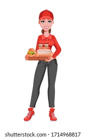 Courier woman delivering food. Delivery service concept. Beautiful lady cartoon character. Vector illustration isolated on white background