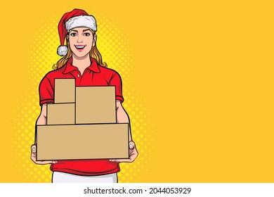 Courier woman in red santa claus Delivery service  holding boxes In Retro Vintage Pop Art Comic Style