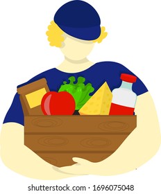 courier with wooden food box. delivery from grocery farm goods or foodstuffs. fat country boy from delivery service in cap. Illustration in flat style.