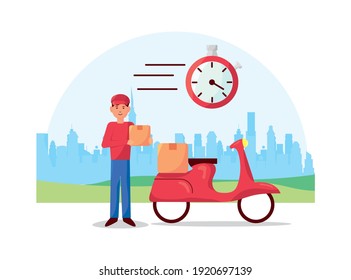 courier worker with chronometer and motorcycle delivery service icons vector illustration design