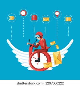courier worker with clock flying logistic service