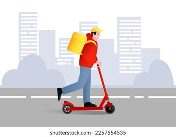 Un mensajero con una mochila amarilla recorre la ciudad en una moto. Entrega por la ciudad. Un hombre en transporte eléctrico.