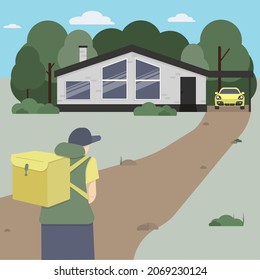 A courier with a yellow bag delivers food. Order food at home. Life in a country house. The yellow car is parked near the house. The man returns on the way home. Life in a house among nature.