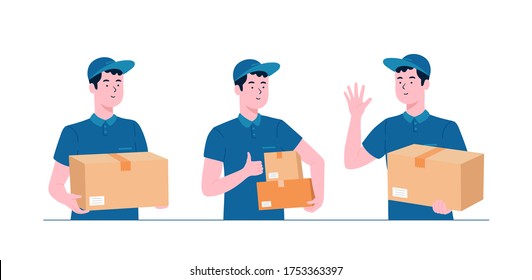 Courier Young Man Character Set. Delivery man in blue uniform holding boxes in different poses. Vector illustration.