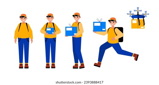 Courier Young Man Character Set. Delivery man in uniform holding boxes in different poses. Vector illustration.