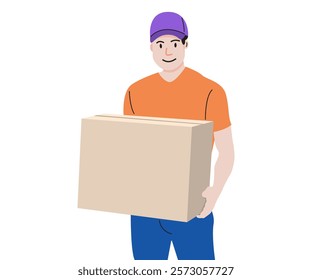 Courier young person working package delivery - man holding a box flat illustration 