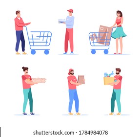 Couriers and clients cartoon people characters set. Man woman customer pushing shopping trolley cart, deliveryman carrying parcel, food, grocery package. Fastfood delivery, takeaway service