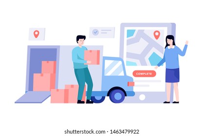 couriers deliver orders to customers by car express, people track orders using the application on the smartphone, e-commerce business concept vector illustration