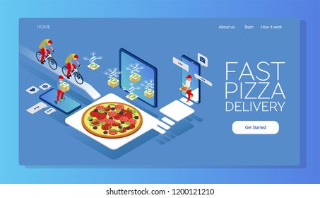 Couriers delivered hot pizza. A man on a bicycle, a boy on a gyro board. Drones delivering. Isometric 3d