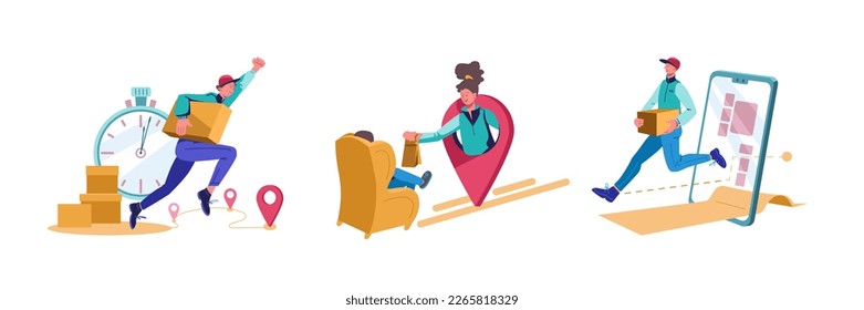 Couriers delivering boxes to door to different locations. Express delivery services to home or office. Technology and logistics. Urban lifestyle. Postal systems. Vector