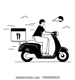 Couriers Delivering Food Using A Vespa Scooter Vector Illustration Of Black And White Lineart