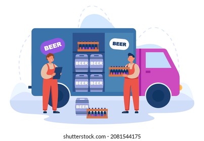 Couriers delivering stacks of bottles and kegs with fresh beer. Men carrying crates with drink from truck, working in delivery service flat vector illustration. Alcohol industry, brewery concept