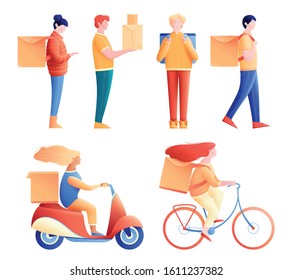 Couriers flat color set of people delivering food or goods to customers isolated vector illustration