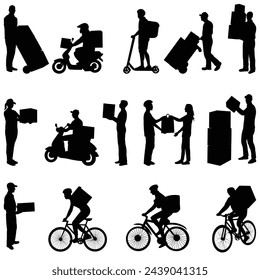 couriers, food delivery, parcels, couriers on a bicycle, couriers on a moped silhouette set on a white background, vector